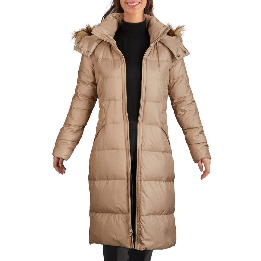 Cole Haan: Signature Faux Fur Trim Hooded Maxi Down Puffer Coat